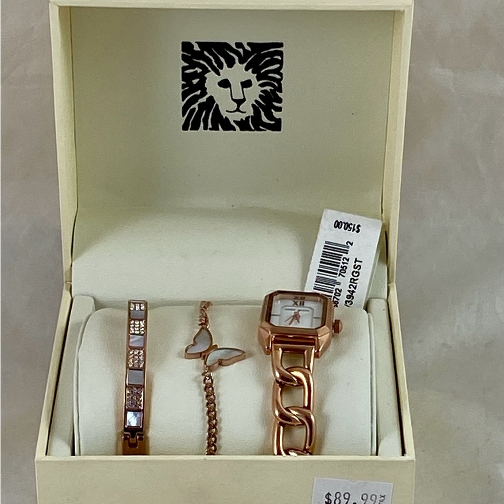 Anne Klein Rose Gold Mother of Pearl Watch and Bracelet Set Rhinestones NEW